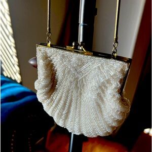 Small cream colored beaded evening bag